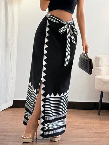 Rafferiza Women's Elegant Print Ruched Waist Asymmetric Hem Long Skirt Rafferiza Women's Elegant Print Ruched Waist Asymmetric Hem Long Skirt