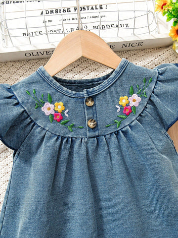 Ramadan Floral Embroidery Round Neck Cap Sleeve Casual Comfortable Denim Dress For Young Girl Ramadan Floral Embroidery Round Neck Cap Sleeve Casual Comfortable Denim Dress For Young Girl