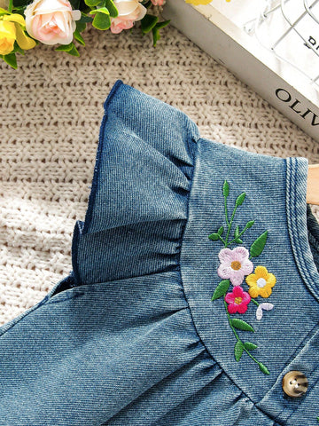 Ramadan Floral Embroidery Round Neck Cap Sleeve Casual Comfortable Denim Dress For Young Girl Ramadan Floral Embroidery Round Neck Cap Sleeve Casual Comfortable Denim Dress For Young Girl