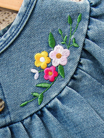 Ramadan Floral Embroidery Round Neck Cap Sleeve Casual Comfortable Denim Dress For Young Girl Ramadan Floral Embroidery Round Neck Cap Sleeve Casual Comfortable Denim Dress For Young Girl