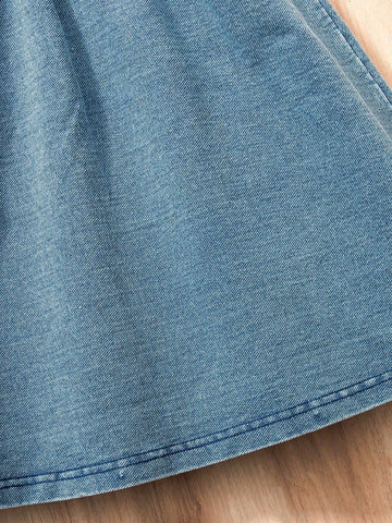 Ramadan Floral Embroidery Round Neck Cap Sleeve Casual Comfortable Denim Dress For Young Girl Ramadan Floral Embroidery Round Neck Cap Sleeve Casual Comfortable Denim Dress For Young Girl