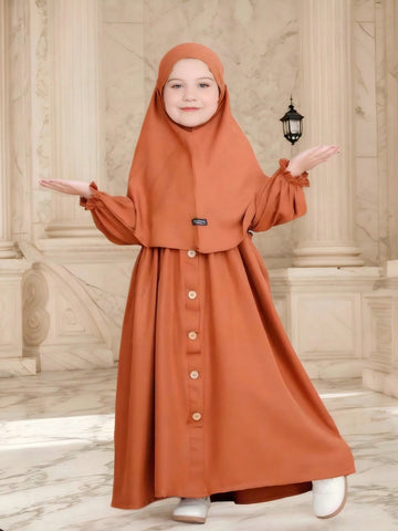 Ramadan Young Girl Children's Conservative Buttons And Ruffles Open-Front Long-Sleeved Long Dress Ramadan Young Girl Children's Conservative Buttons And Ruffles Open-Front Long-Sleeved Long Dress