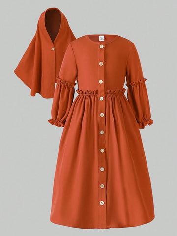 Ramadan Young Girl Children's Conservative Buttons And Ruffles Open-Front Long-Sleeved Long Dress Ramadan Young Girl Children's Conservative Buttons And Ruffles Open-Front Long-Sleeved Long Dress