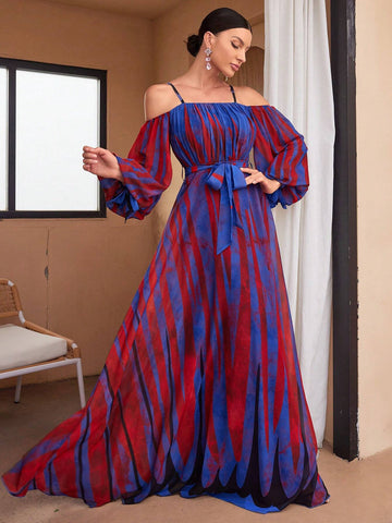Randomly Cut Floral Print Watercolor Off Shoulder Strap Lantern Sleeve Waist Tie Digital Watercolor Iridescent Stripe Printed Elegant Chiffon Dress Randomly Cut Floral Print Watercolor Off Shoulder Strap Lantern Sleeve Waist Tie Digital Watercolor Iridescent Stripe Printed Elegant Chiffon Dress