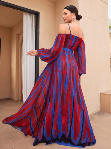 Randomly Cut Floral Print Watercolor Off Shoulder Strap Lantern Sleeve Waist Tie Digital Watercolor Iridescent Stripe Printed Elegant Chiffon Dress Randomly Cut Floral Print Watercolor Off Shoulder Strap Lantern Sleeve Waist Tie Digital Watercolor Iridescent Stripe Printed Elegant Chiffon Dress