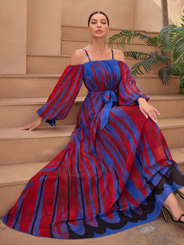 Randomly Cut Floral Print Watercolor Off Shoulder Strap Lantern Sleeve Waist Tie Digital Watercolor Iridescent Stripe Printed Elegant Chiffon Dress Randomly Cut Floral Print Watercolor Off Shoulder Strap Lantern Sleeve Waist Tie Digital Watercolor Iridescent Stripe Printed Elegant Chiffon Dress