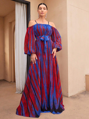 Randomly Cut Floral Print Watercolor Off Shoulder Strap Lantern Sleeve Waist Tie Digital Watercolor Iridescent Stripe Printed Elegant Chiffon Dress Randomly Cut Floral Print Watercolor Off Shoulder Strap Lantern Sleeve Waist Tie Digital Watercolor Iridescent Stripe Printed Elegant Chiffon Dress