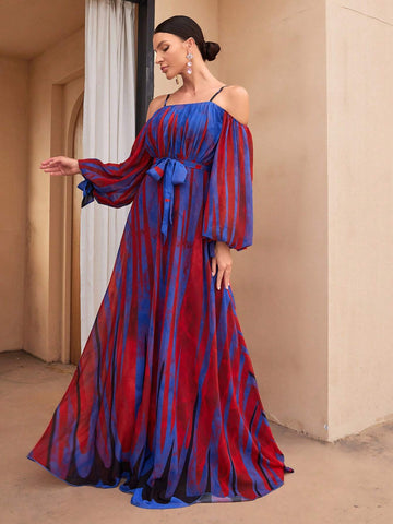 Randomly Cut Floral Print Watercolor Off Shoulder Strap Lantern Sleeve Waist Tie Digital Watercolor Iridescent Stripe Printed Elegant Chiffon Dress Randomly Cut Floral Print Watercolor Off Shoulder Strap Lantern Sleeve Waist Tie Digital Watercolor Iridescent Stripe Printed Elegant Chiffon Dress