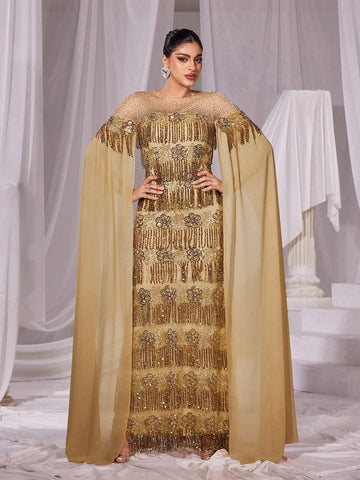 Rhinestone Detail Extra-Long Sleeves Fringed Sequin Prom Dress Rhinestone Detail Extra-Long Sleeves Fringed Sequin Prom Dress