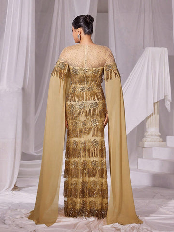 Rhinestone Detail Extra-Long Sleeves Fringed Sequin Prom Dress Rhinestone Detail Extra-Long Sleeves Fringed Sequin Prom Dress