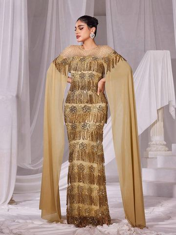 Rhinestone Detail Extra-Long Sleeves Fringed Sequin Prom Dress Rhinestone Detail Extra-Long Sleeves Fringed Sequin Prom Dress