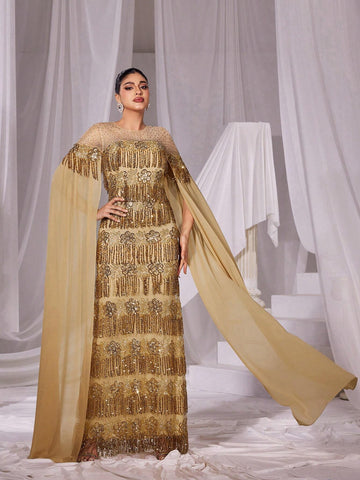 Rhinestone Detail Extra-Long Sleeves Fringed Sequin Prom Dress Rhinestone Detail Extra-Long Sleeves Fringed Sequin Prom Dress