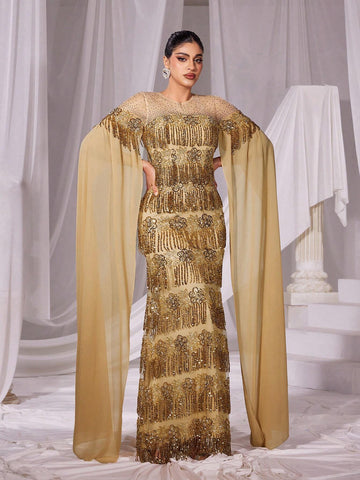 Rhinestone Detail Extra-Long Sleeves Fringed Sequin Prom Dress Rhinestone Detail Extra-Long Sleeves Fringed Sequin Prom Dress