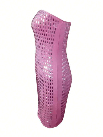 Rhinestone Embellished Sexy Strapless Bodycon Dress, Fashionable Madam Party Formal Gown Rhinestone Embellished Sexy Strapless Bodycon Dress, Fashionable Madam Party Formal Gown