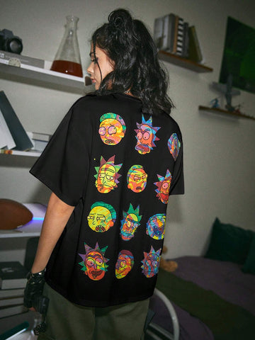 Letter And Cartoon Figure Graphic Drop Shoulder Tee, School Letter And Cartoon Figure Graphic Drop Shoulder Tee, School