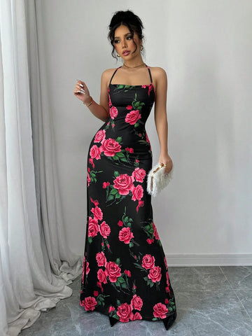 Rose Print Draped Neck Sexy Backless Tie Knot Slim Fit Elegant Mermaid Tail Cami Dress For Romantic Valentine's Day Dating,Party,New Women's Clothing Rose Print Draped Neck Sexy Backless Tie Knot Slim Fit Elegant Mermaid Tail Cami Dress For Romantic Valentine's Day Dating,Party,New Women's Clothing