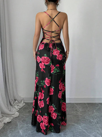Rose Print Draped Neck Sexy Backless Tie Knot Slim Fit Elegant Mermaid Tail Cami Dress For Romantic Valentine's Day Dating,Party,New Women's Clothing Rose Print Draped Neck Sexy Backless Tie Knot Slim Fit Elegant Mermaid Tail Cami Dress For Romantic Valentine's Day Dating,Party,New Women's Clothing