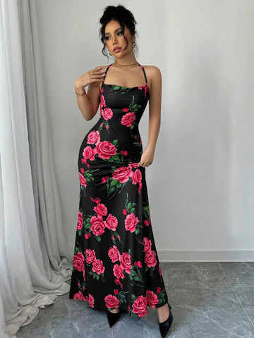 Rose Print Draped Neck Sexy Backless Tie Knot Slim Fit Elegant Mermaid Tail Cami Dress For Romantic Valentine's Day Dating,Party,New Women's Clothing Rose Print Draped Neck Sexy Backless Tie Knot Slim Fit Elegant Mermaid Tail Cami Dress For Romantic Valentine's Day Dating,Party,New Women's Clothing