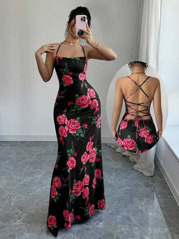 Rose Print Draped Neck Sexy Backless Tie Knot Slim Fit Elegant Mermaid Tail Cami Dress For Romantic Valentine's Day Dating,Party,New Women's Clothing Rose Print Draped Neck Sexy Backless Tie Knot Slim Fit Elegant Mermaid Tail Cami Dress For Romantic Valentine's Day Dating,Party,New Women's Clothing