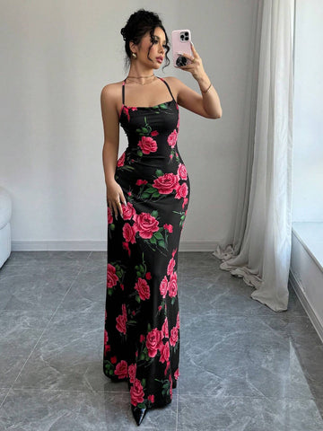 Rose Print Draped Neck Sexy Backless Tie Knot Slim Fit Elegant Mermaid Tail Cami Dress For Romantic Valentine's Day Dating,Party,New Women's Clothing Rose Print Draped Neck Sexy Backless Tie Knot Slim Fit Elegant Mermaid Tail Cami Dress For Romantic Valentine's Day Dating,Party,New Women's Clothing