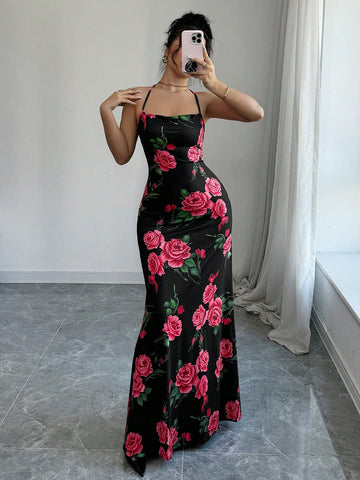 Rose Print Draped Neck Sexy Backless Tie Knot Slim Fit Elegant Mermaid Tail Cami Dress For Romantic Valentine's Day Dating,Party,New Women's Clothing Rose Print Draped Neck Sexy Backless Tie Knot Slim Fit Elegant Mermaid Tail Cami Dress For Romantic Valentine's Day Dating,Party,New Women's Clothing