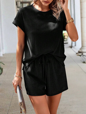 Round Neck Batwing Sleeve Top And Shorts Set Round Neck Batwing Sleeve Top And Shorts Set