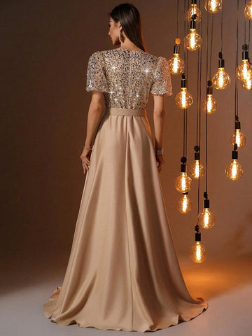 Round Neck Sequined Corset Contrast Satin Hem Gown Elegant Puff Sleeves Prom Evening Wedding Guest Dress For Graduation Ceremony, Dinner Round Neck Sequined Corset Contrast Satin Hem Gown Elegant Puff Sleeves Prom Evening Wedding Guest Dress For Graduation Ceremony, Dinner