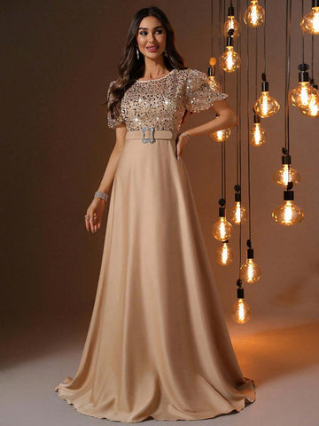 Round Neck Sequined Corset Contrast Satin Hem Gown Elegant Puff Sleeves Prom Evening Wedding Guest Dress For Graduation Ceremony, Dinner Round Neck Sequined Corset Contrast Satin Hem Gown Elegant Puff Sleeves Prom Evening Wedding Guest Dress For Graduation Ceremony, Dinner