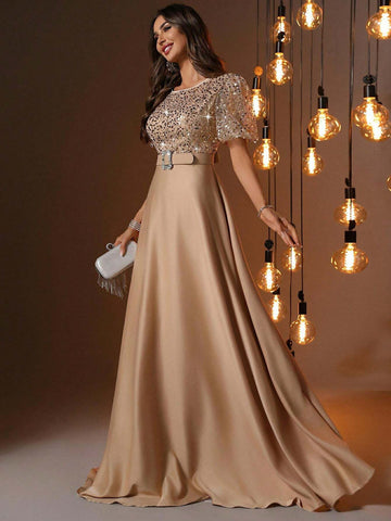 Round Neck Sequined Corset Contrast Satin Hem Gown Elegant Puff Sleeves Prom Evening Wedding Guest Dress For Graduation Ceremony, Dinner Round Neck Sequined Corset Contrast Satin Hem Gown Elegant Puff Sleeves Prom Evening Wedding Guest Dress For Graduation Ceremony, Dinner