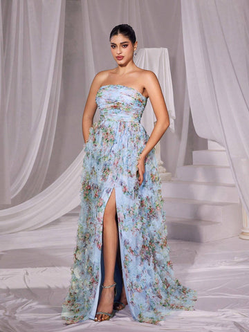 Ruched Front Ruffle Trim Floral Mesh Tube Dress Ruched Front Ruffle Trim Floral Mesh Tube Dress