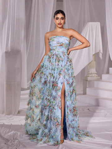 Ruched Front Ruffle Trim Floral Mesh Tube Dress Ruched Front Ruffle Trim Floral Mesh Tube Dress