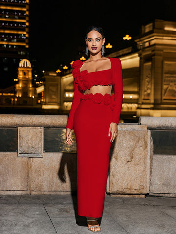 Rufus Flower Bandage Skirt Set In Red Rufus Flower Bandage Skirt Set In Red