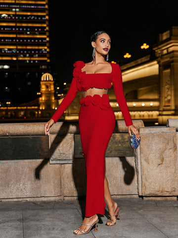 Rufus Flower Bandage Skirt Set In Red Rufus Flower Bandage Skirt Set In Red