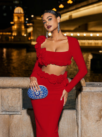 Rufus Flower Bandage Skirt Set In Red Rufus Flower Bandage Skirt Set In Red