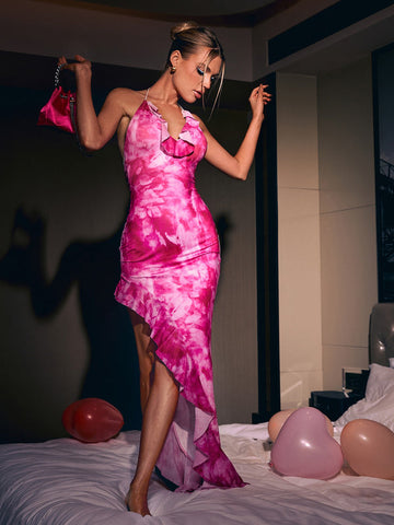 Runel Backless Floral Asymmetric Dress In Hot Pink Runel Backless Floral Asymmetric Dress In Hot Pink