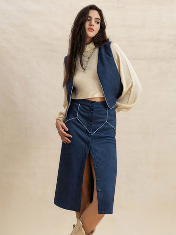 Rusttydustty 2pcs/Set Women Faux Suede Vest And Blue Casual Skirt Outfit, Warm Autumn/Winter Rusttydustty 2pcs/Set Women Faux Suede Vest And Blue Casual Skirt Outfit, Warm Autumn/Winter