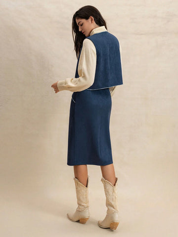 Rusttydustty 2pcs/Set Women Faux Suede Vest And Blue Casual Skirt Outfit, Warm Autumn/Winter Rusttydustty 2pcs/Set Women Faux Suede Vest And Blue Casual Skirt Outfit, Warm Autumn/Winter