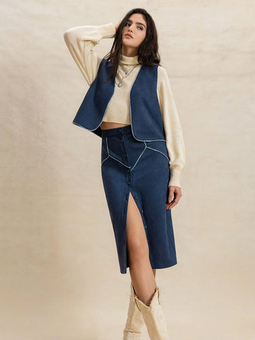 Rusttydustty 2pcs/Set Women Faux Suede Vest And Blue Casual Skirt Outfit, Warm Autumn/Winter Rusttydustty 2pcs/Set Women Faux Suede Vest And Blue Casual Skirt Outfit, Warm Autumn/Winter