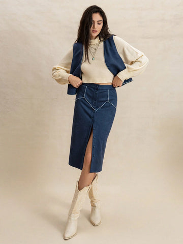 Rusttydustty 2pcs/Set Women Faux Suede Vest And Blue Casual Skirt Outfit, Warm Autumn/Winter Rusttydustty 2pcs/Set Women Faux Suede Vest And Blue Casual Skirt Outfit, Warm Autumn/Winter