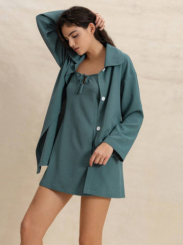 Rusttydustty 2pcs Set Waffle Texture Casual Vacation Stylish Drawstring Camisole Dress & Loose Shacket, Blue-Green Rusttydustty 2pcs Set Waffle Texture Casual Vacation Stylish Drawstring Camisole Dress & Loose Shacket, Blue-Green