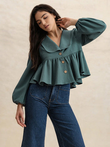 Rusttydustty Water Blue Waffle Texture Collar Lantern Sleeve A-Line Pleated Hem Casual Cute Youthful Style Women Top Rusttydustty Water Blue Waffle Texture Collar Lantern Sleeve A-Line Pleated Hem Casual Cute Youthful Style Women Top