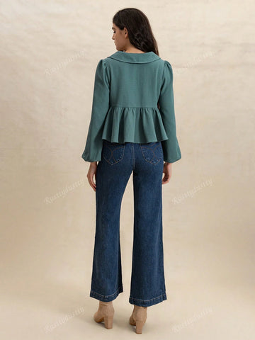 Rusttydustty Water Blue Waffle Texture Collar Lantern Sleeve A-Line Pleated Hem Casual Cute Youthful Style Women Top Rusttydustty Water Blue Waffle Texture Collar Lantern Sleeve A-Line Pleated Hem Casual Cute Youthful Style Women Top