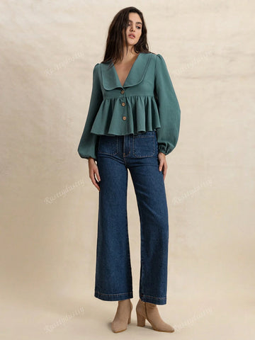 Rusttydustty Water Blue Waffle Texture Collar Lantern Sleeve A-Line Pleated Hem Casual Cute Youthful Style Women Top Rusttydustty Water Blue Waffle Texture Collar Lantern Sleeve A-Line Pleated Hem Casual Cute Youthful Style Women Top