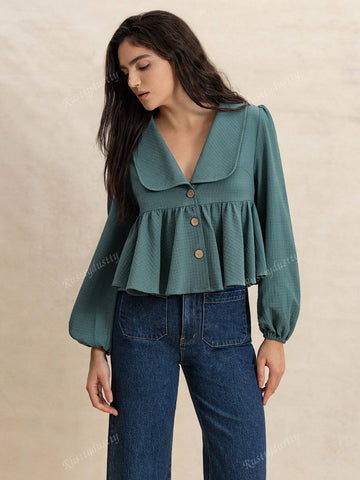 Rusttydustty Water Blue Waffle Texture Collar Lantern Sleeve A-Line Pleated Hem Casual Cute Youthful Style Women Top Rusttydustty Water Blue Waffle Texture Collar Lantern Sleeve A-Line Pleated Hem Casual Cute Youthful Style Women Top