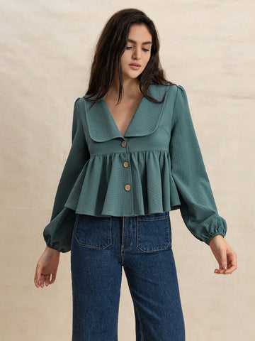 Rusttydustty Water Blue Waffle Texture Collar Lantern Sleeve A-Line Pleated Hem Casual Cute Youthful Style Women Top Rusttydustty Water Blue Waffle Texture Collar Lantern Sleeve A-Line Pleated Hem Casual Cute Youthful Style Women Top