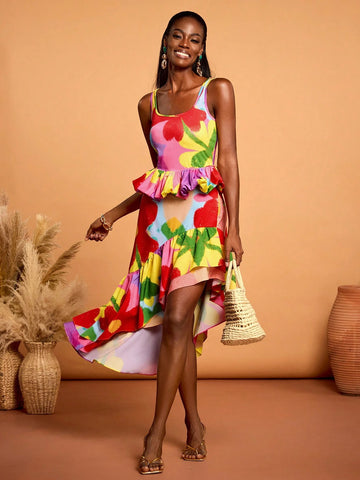 SHAQUITA GARCIA Designer Women's Multicolor Cute Floral Flower Print Asymmetric Ruffle Hem Skirt, Valentine's Day, Vacation, Spring SHAQUITA GARCIA Designer Women's Multicolor Cute Floral Flower Print Asymmetric Ruffle Hem Skirt, Valentine's Day, Vacation, Spring