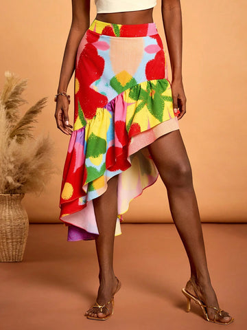 SHAQUITA GARCIA Designer Women's Multicolor Cute Floral Flower Print Asymmetric Ruffle Hem Skirt, Valentine's Day, Vacation, Spring SHAQUITA GARCIA Designer Women's Multicolor Cute Floral Flower Print Asymmetric Ruffle Hem Skirt, Valentine's Day, Vacation, Spring