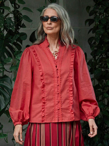 Frill Trim Notched V-Neck Lantern Sleeve Blouse Frill Trim Notched V-Neck Lantern Sleeve Blouse