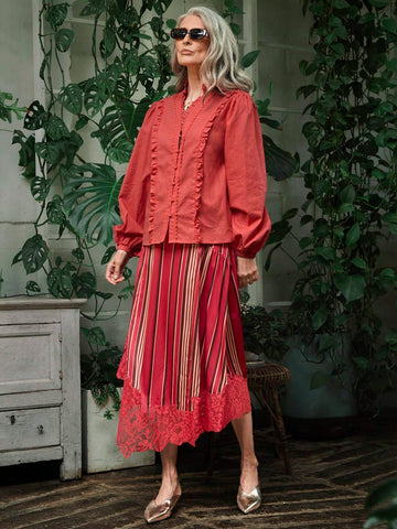 Frill Trim Notched V-Neck Lantern Sleeve Blouse Frill Trim Notched V-Neck Lantern Sleeve Blouse