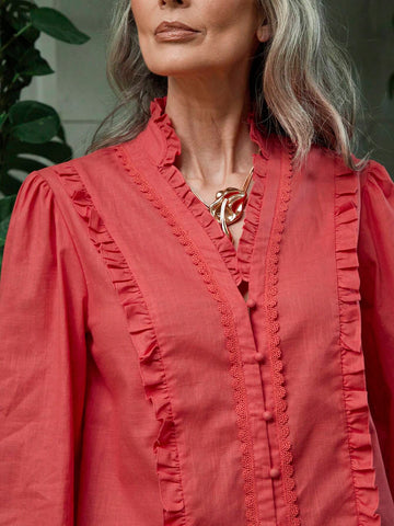 Frill Trim Notched V-Neck Lantern Sleeve Blouse Frill Trim Notched V-Neck Lantern Sleeve Blouse